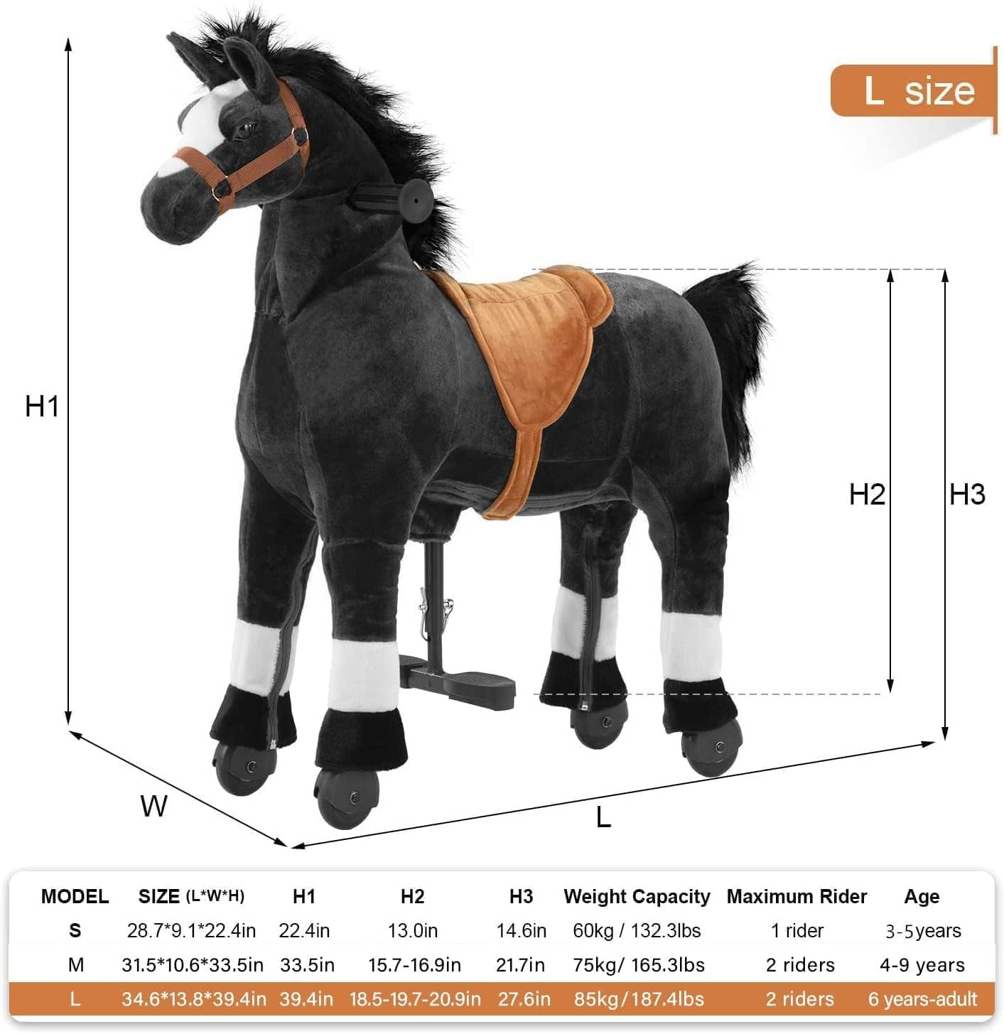 Ride on Horse for Kids, (41.33'' Height) Horse Ride on Toy, Riding Horse Rider Mechanical Walking Action Plush Animal for 7 Years Old to Adult, No Battery or Electricity, Max Load 187 LBS - BK