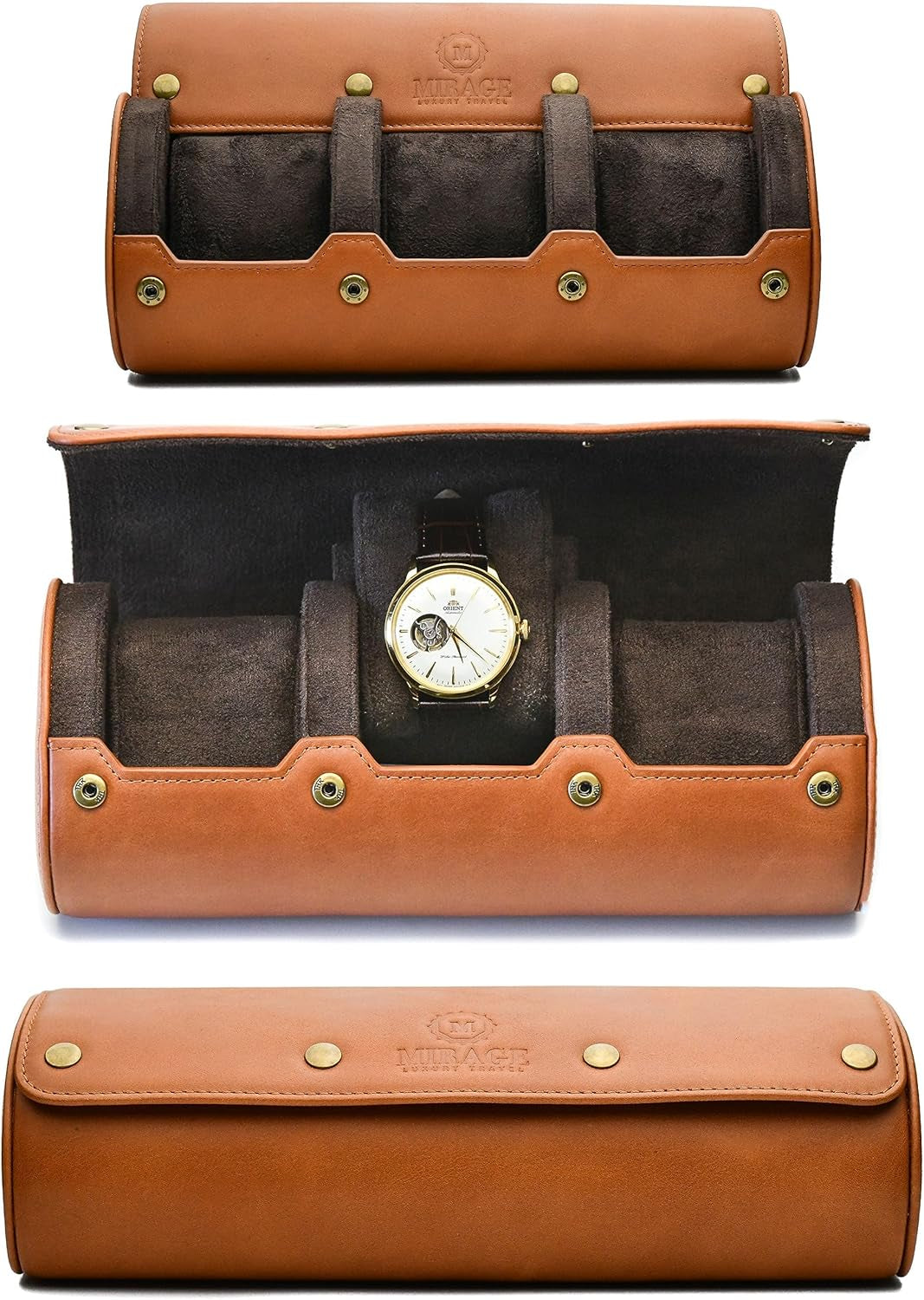 Watch Travel Case for Men – Leather Watch Roll Case Organizer – 3 Watches - Brown Full Grain Cow Leather