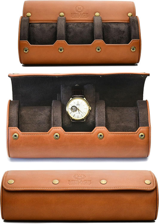 Watch Travel Case for Men – Leather Watch Roll Case Organizer – 3 Watches - Brown Full Grain Cow Leather