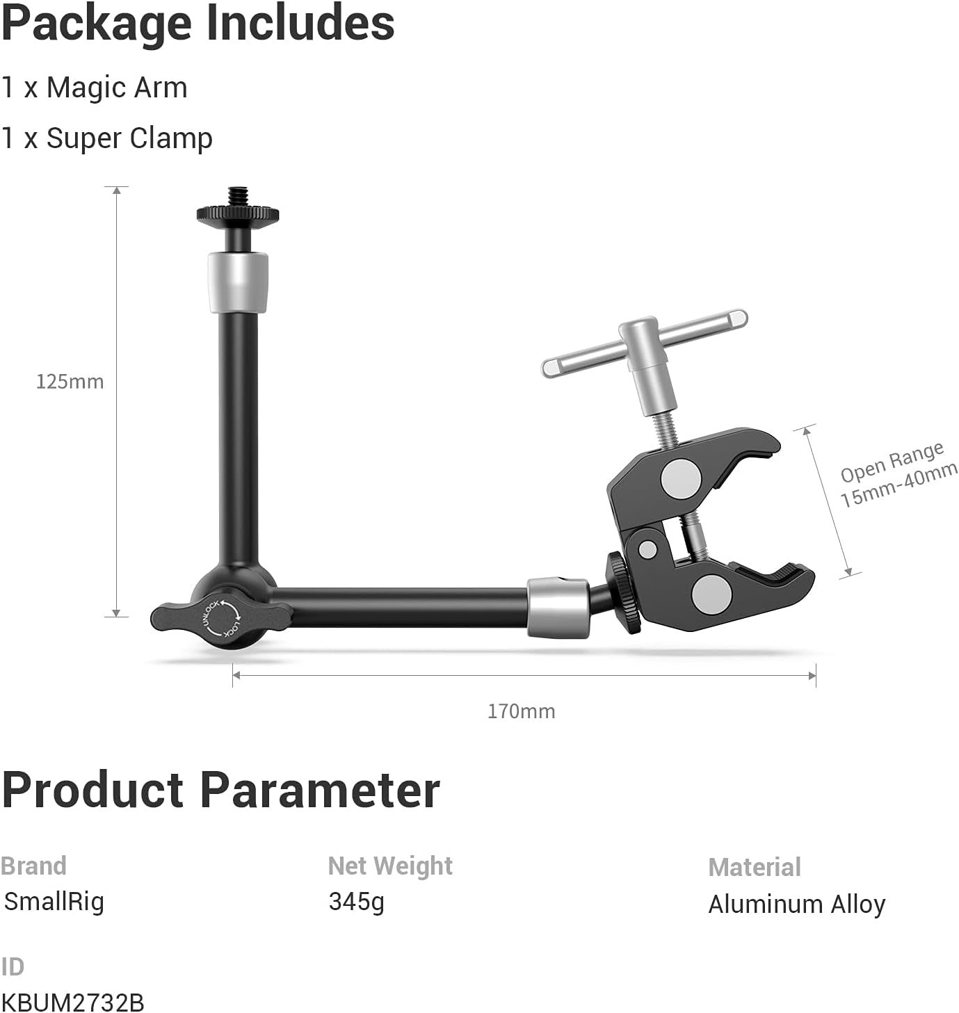 Clamp W/ 1/4" and 3/8" Thread and 9.8 Inches Adjustable Friction Power Articulating Magic Arm with 1/4" Thread Screw for LCD Monitor/Led Lights - KBUM2732B