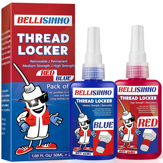 Thread Lock Blue and Red, Medium and Strong Strength Threadlocker, Thread Locker for Nuts, Bolts, Fasteners and Metals, Anaerobic Curing Screw Glue to Prevent Loosening (Blue and Red)