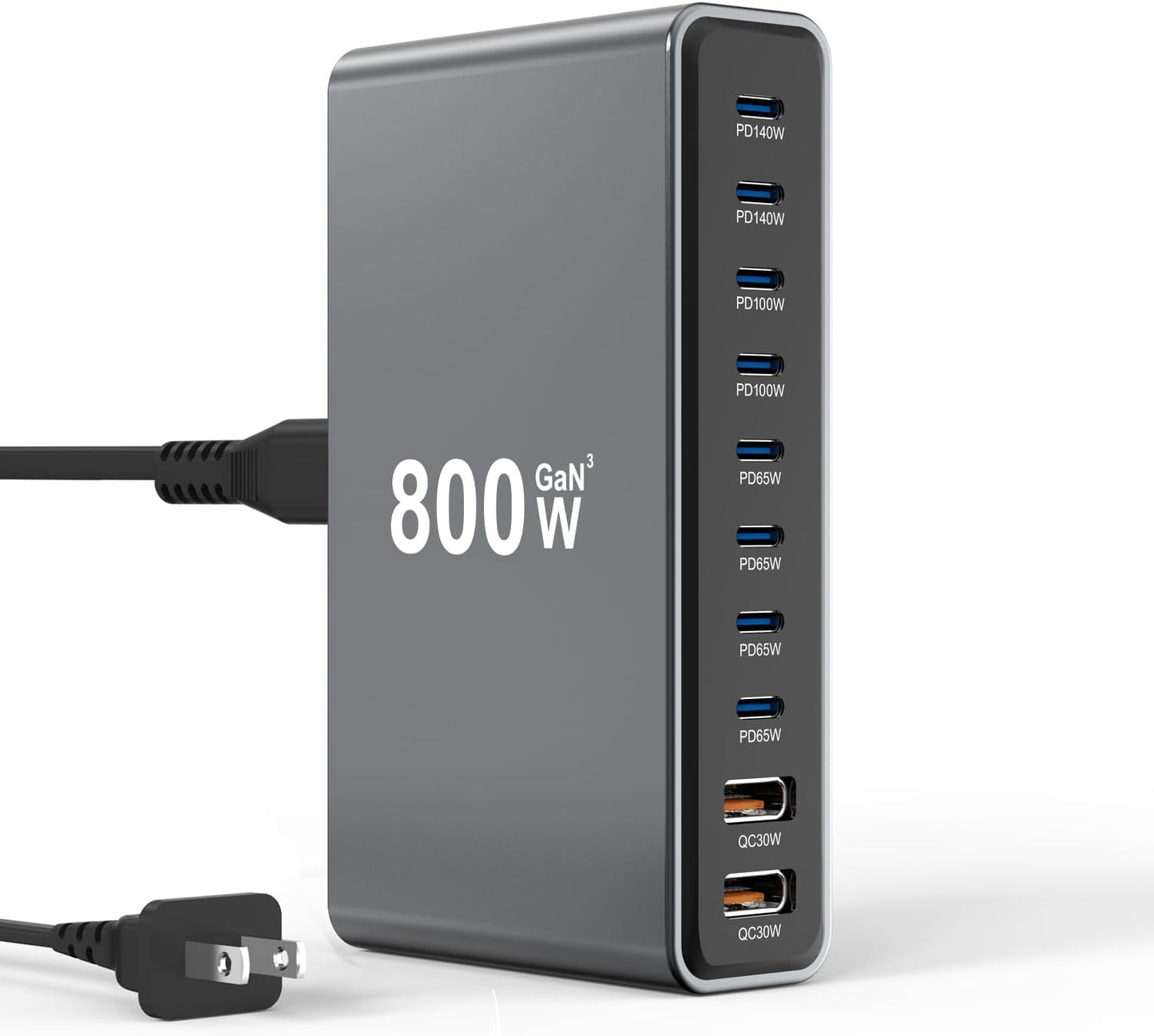 800W Gan III 10-Port USB-C Charging Station - Fast Charger for Laptops, Tablets, Smartphones, and More (Black)