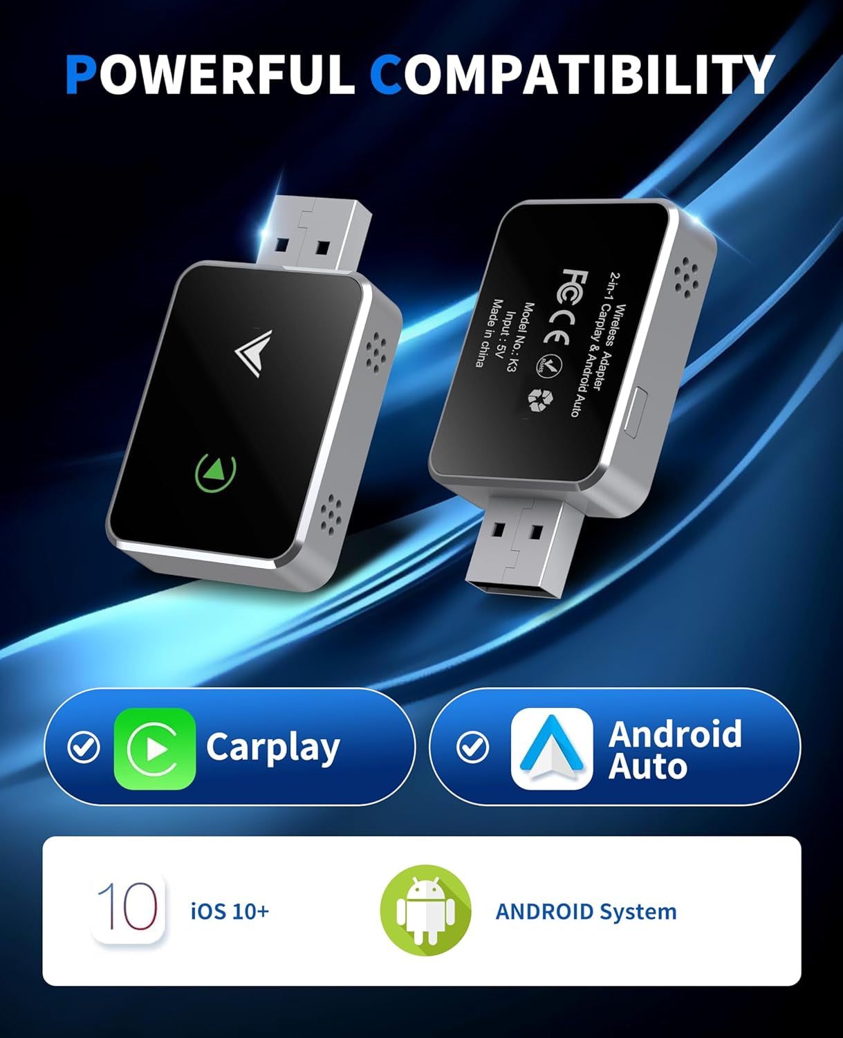 Wireless Carplay Adapter, 2025 Upgraded 2-In-1 Mini Size Carplay & Android Auto, Convert Wired to Wireless with USB & Usb-C/Type-C, Plug & Play, Stable Control & No Delay, with Iphone & Android