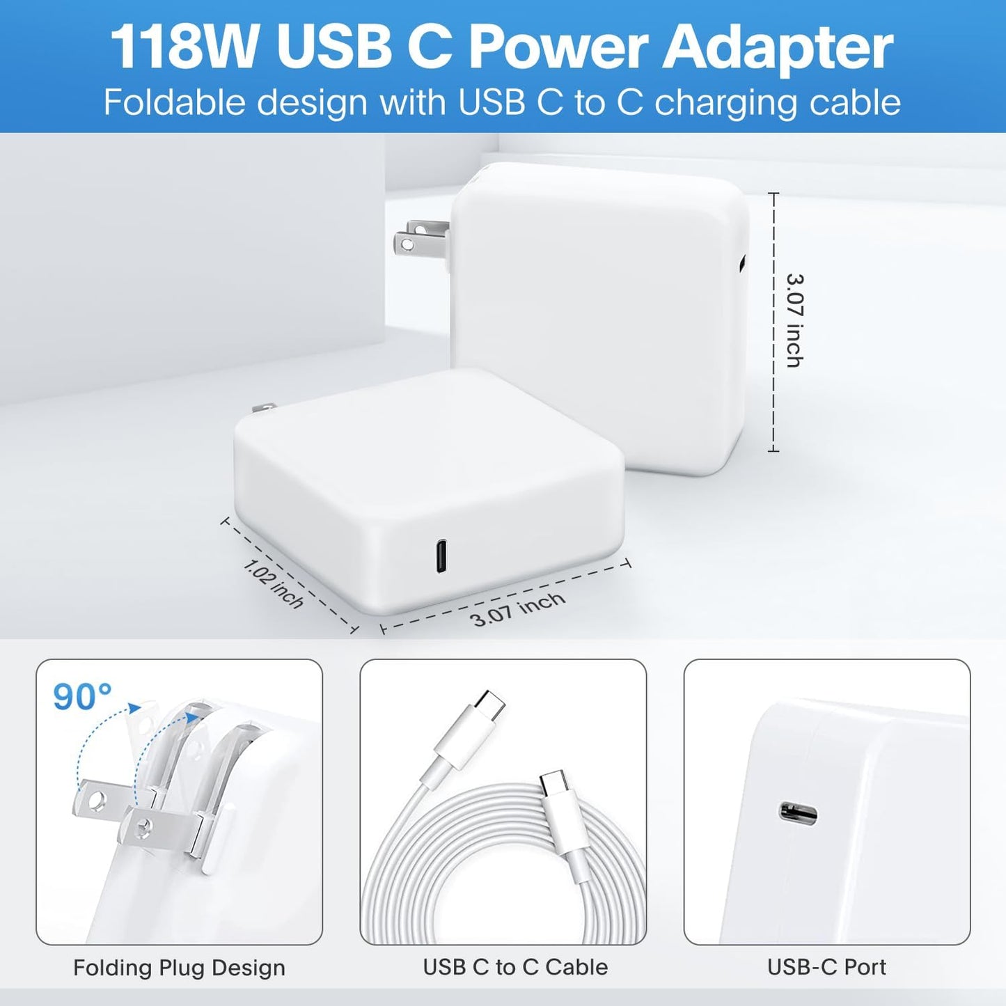 Mac Book Pro Charger - 118W USB C Charger Fast Charger Compatible with USB C Port Macbook Pro/Air, M1 M2 M3 M4, Ipad Pro, Samsung Galaxy and All USB C Device, Include Charge Cable