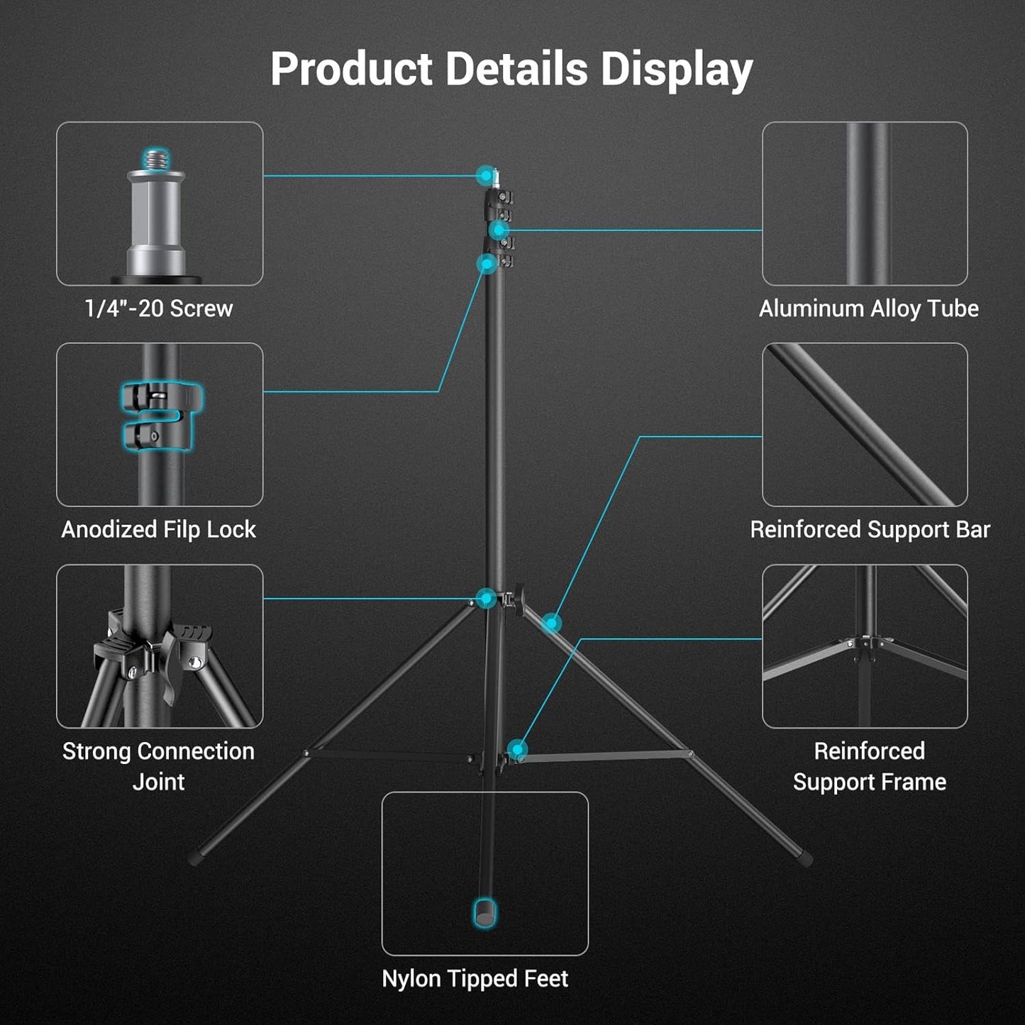Aluminum Light Stand 110"/9.2Ft/280Cm, Adjustable Photography Air-Cushioned Tripod Stand with 1/4" Screw for Softbox, Studio Light, Flash, Umbrella, Ring Light, Max Load 5Kg, RA-S280A