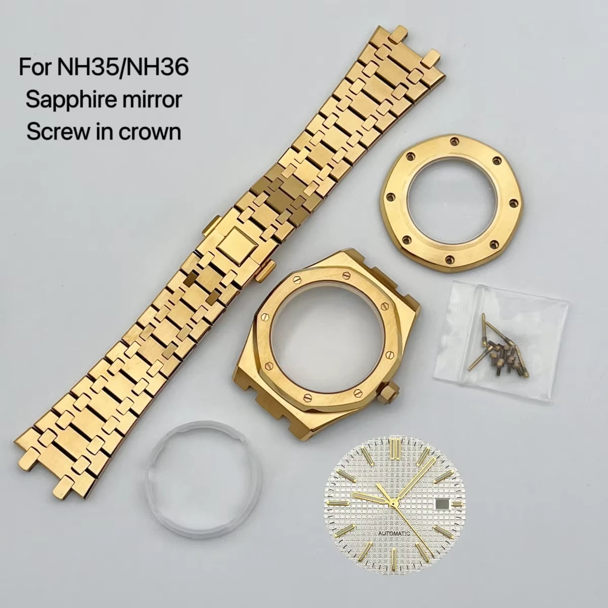 41Mm NH35 Case 31.8Mm Dial Pointers Gold Plated Stainless Steel Strap Bracelet for OAK NH35 Movement Assembly Watch Accessories