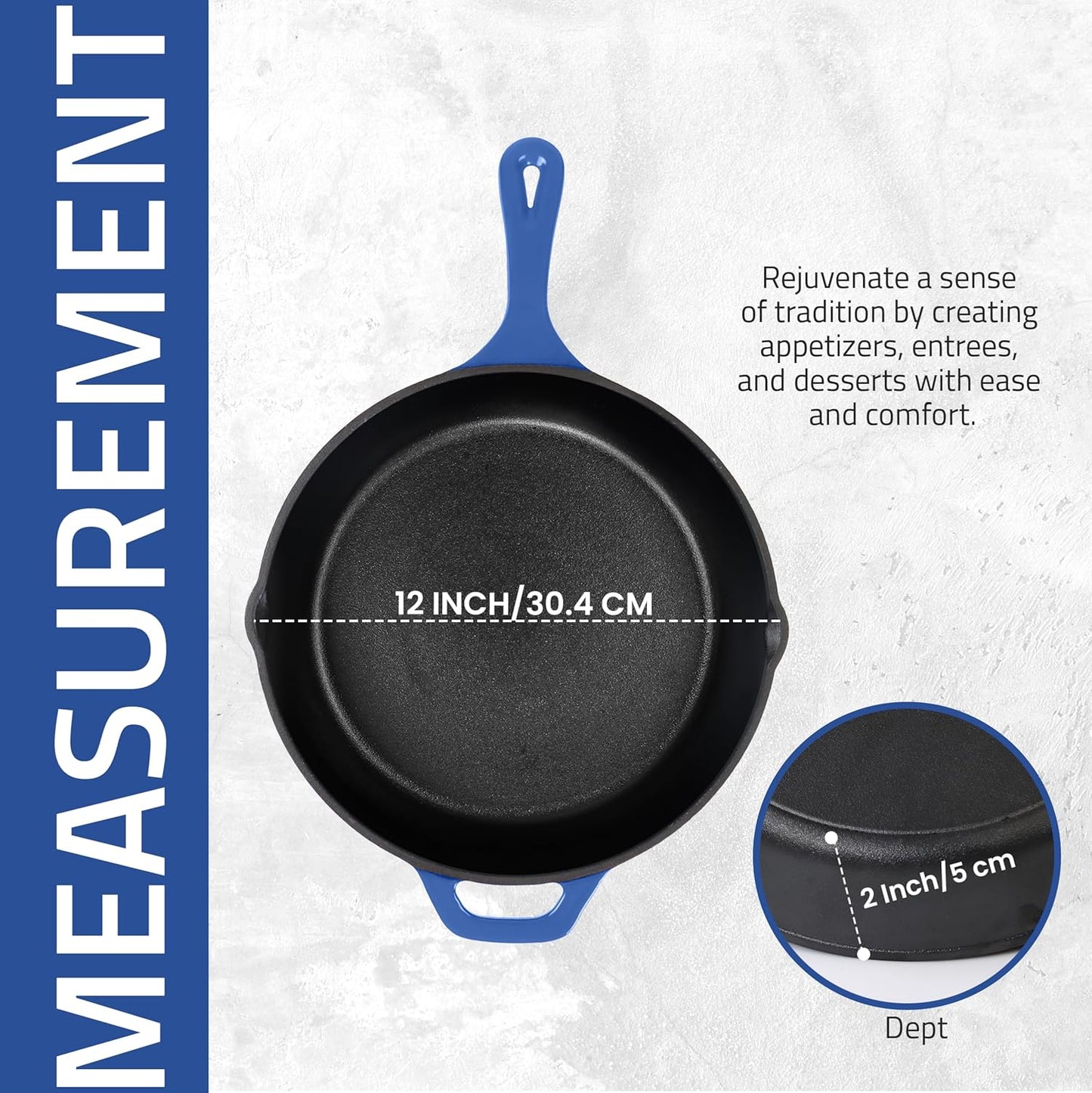 Saute Fry Pan - Chefs Pan, Pre-Seasoned Cast Iron Skillet - Frying Pan 12 Inch - Safe Grill Cookware for Indoor & Outdoor Use - Cast Iron Pan (Blue)