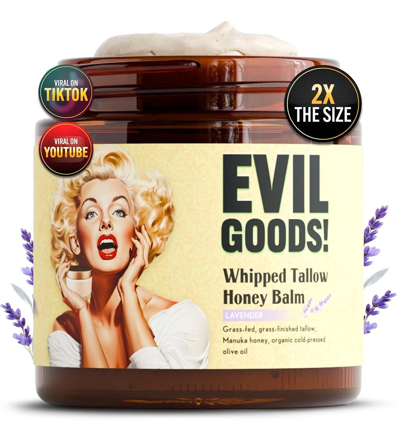 Whipped Beef Tallow and Manuka Honey Balm, 4Oz, Lavender, Grass Fed Grass Finished Organic Face Cream, Moisturizer, Body Lotion, Skin Care and Lip Balm (4 Oz, Lavender)