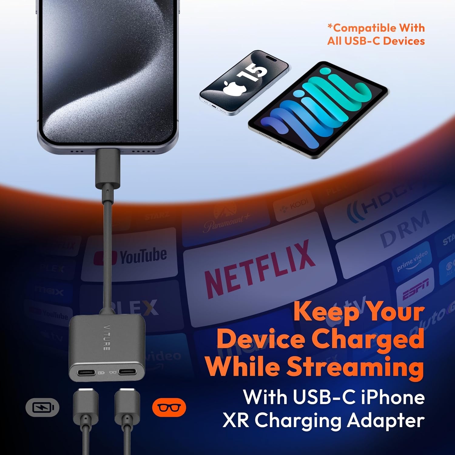 USB- C XR Charging Adapter for Iphone 16/15, Enabling Multi-Screen, Enhanced 3Dof, Spatial 3D, VR Video Features, Fits Iphone 16/15, Charge and Play for Other Devices