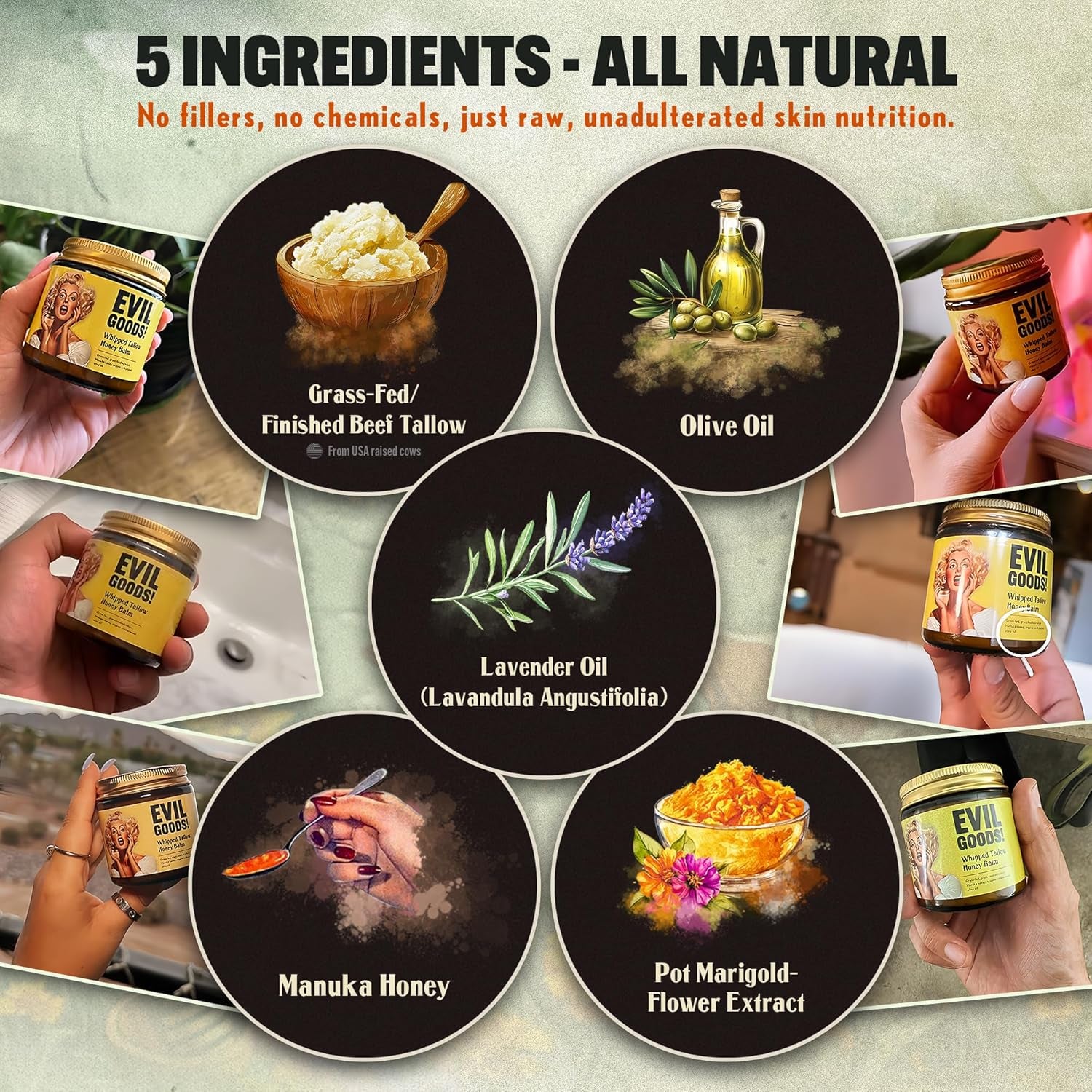 Whipped Beef Tallow and Manuka Honey Balm, 4Oz, Lavender, Grass Fed Grass Finished Organic Face Cream, Moisturizer, Body Lotion, Skin Care and Lip Balm (4 Oz, Lavender)