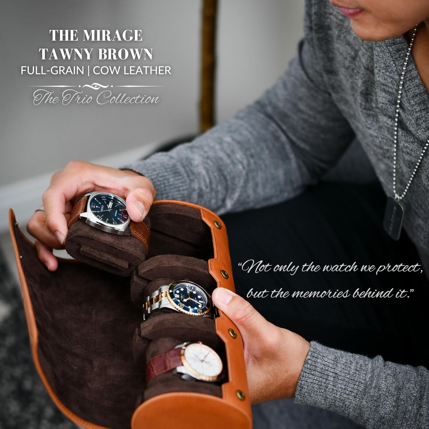 Watch Travel Case for Men – Leather Watch Roll Case Organizer – 3 Watches - Brown Full Grain Cow Leather