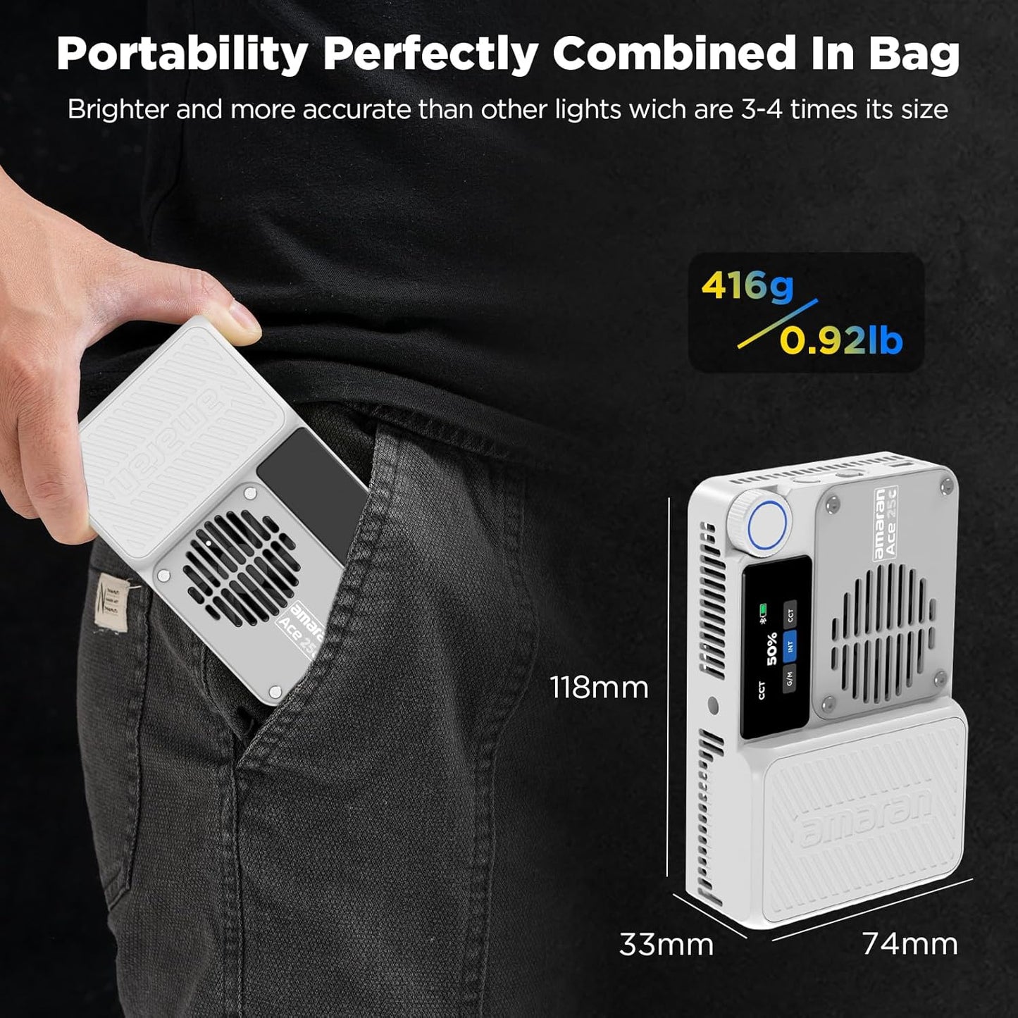 Ace 25C Pocket RGBWW LED Light, Boost Mode up to 32W, Full-Color Mini Video Light (2,300-10,000K), 1,500 Lux@1M at 5,600K, 4500Mah Battery with PD Fast Charging for Mobile Creators (White)