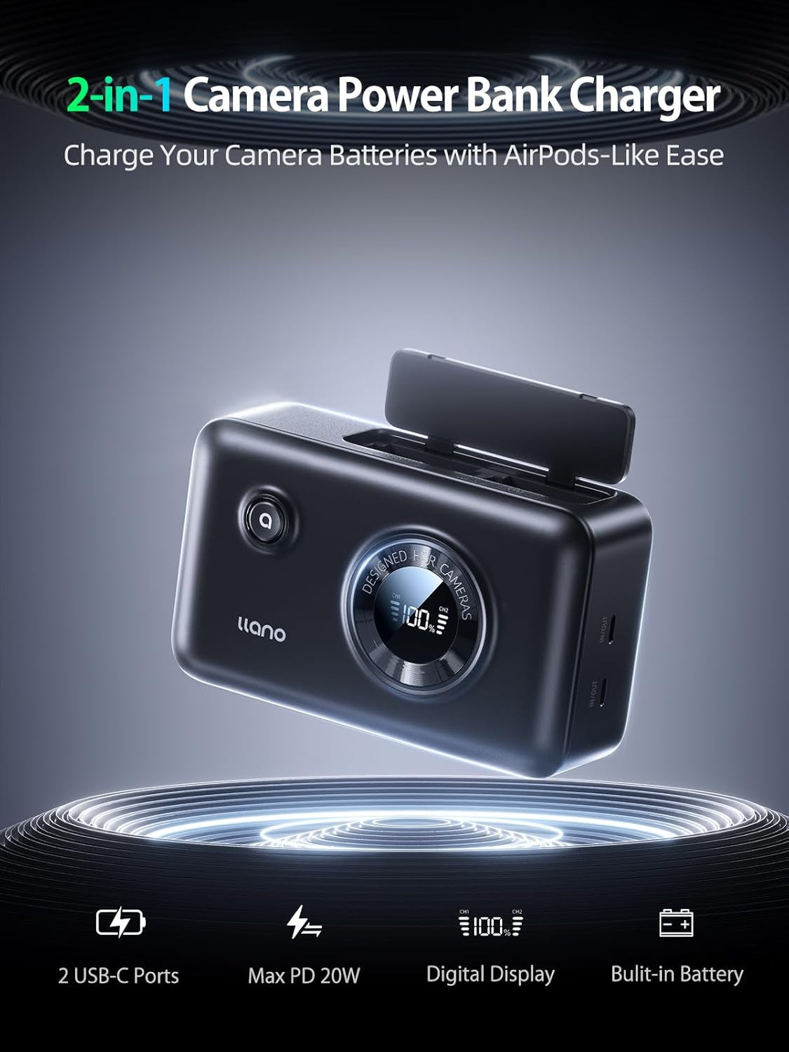 2-In-1 NP-FZ100 Fast Camera Dual Battery Portable Charger for Sony A7Iii, A7R IV, A7R V, Alpha A7C, A9/A9S, A6600, FX3, ZV-E10 II, 12400Mah Built-In 20W USB C Power Bank,Smart Digital Display
