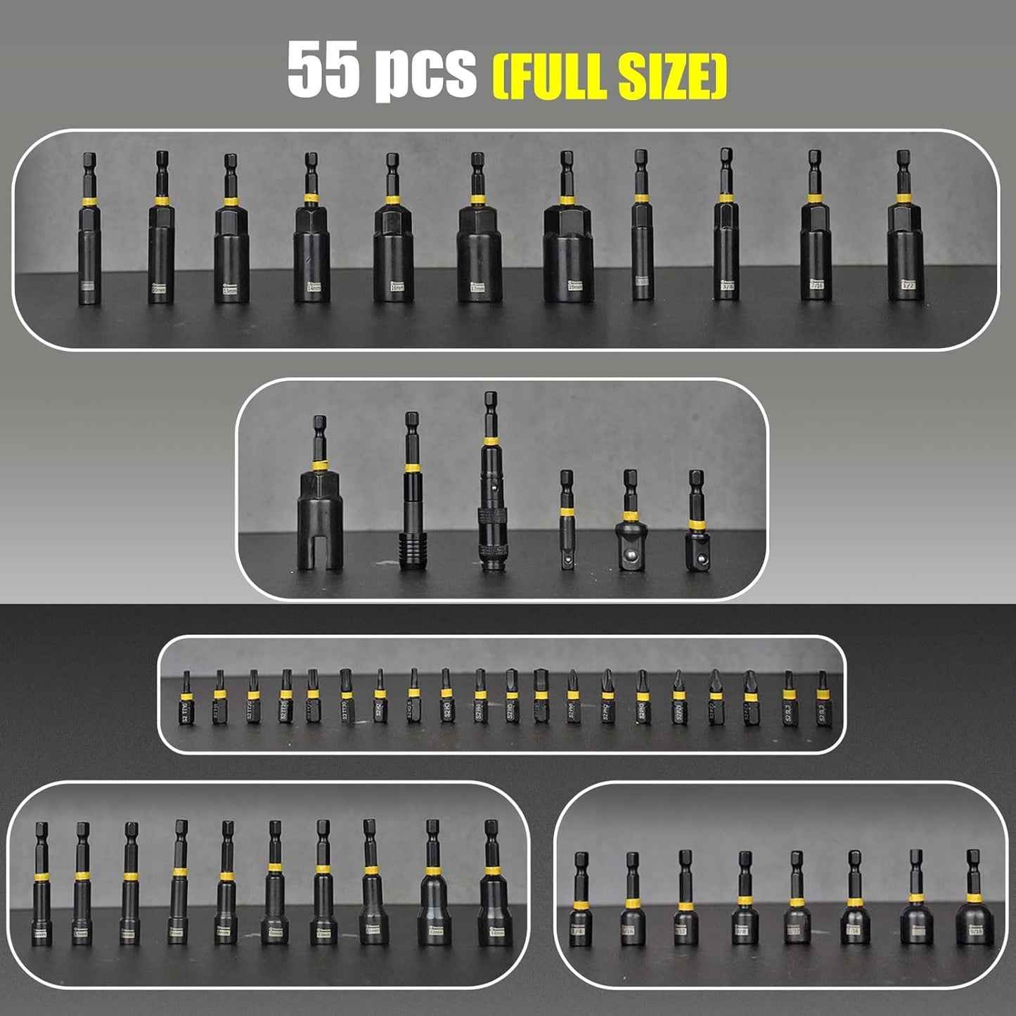 55PCS Impact Nut Driver Set, Deep Nut Driver Set with Wing Nut Driver, Metric & SAE Magnetic Nut Driver Sets with Pivoting Nutsetter Quick-Release Extention, Impact Bits with Socket Adapter