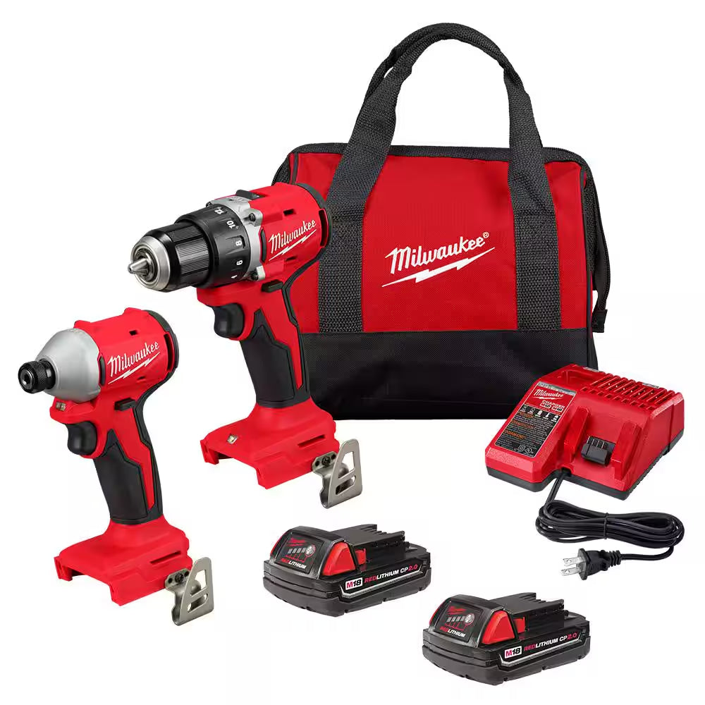 M18 18V Lithium-Ion Brushless Cordless Compact Drill/Impact Combo Kit (2-Tool) W/(2) 2.0 Ah Batteries, Charger & Bag