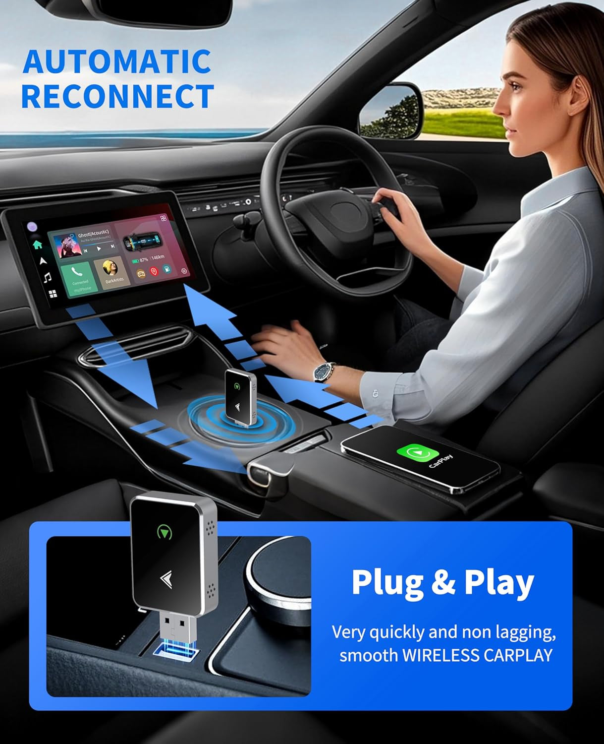 Wireless Carplay Adapter, 2025 Upgraded 2-In-1 Mini Size Carplay & Android Auto, Convert Wired to Wireless with USB & Usb-C/Type-C, Plug & Play, Stable Control & No Delay, with Iphone & Android