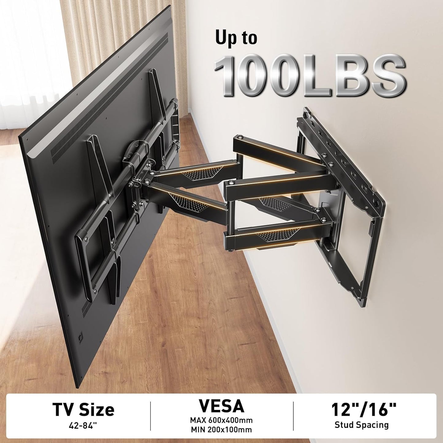 UL Listed TV Wall Mount for Most 42-84 Inch TV, Full Motion TV Mount with Swivel and Tilt, TV Bracket with Articulating Dual Arms, Fits 16Inch Studs, Max VESA 600X400 Mm, 100 Lbs,Md2617