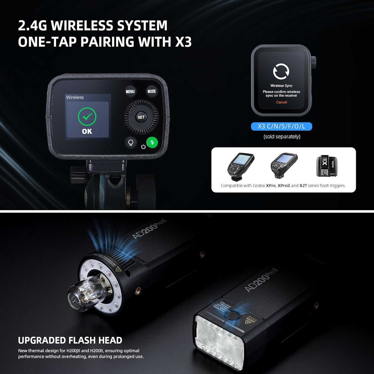 AD200 Pro II Ad200Pro II Strobe Flash, TTL 200W Pocket Flash HSS 1/8000S, One-Tap Wireless Sync, Enhanced Color Screen, Photography Lighting for Canon, Sony, Nikon, Fuji, Olympus, Panasonic