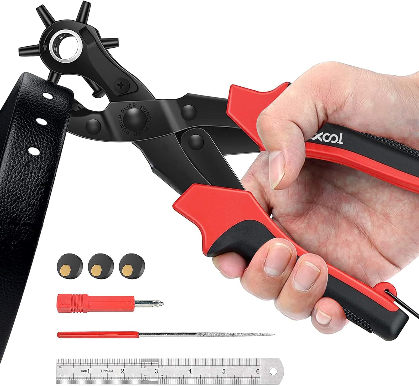 Revolving Punch Plier Kit, Leather Hole Punch Set for Belts, Watch Bands, Straps, Dog Collars, Saddles, Shoes, Fabric, DIY Home or Craft Projects, Heavy Duty Rotary Puncher, Multi Hole Sizes Make