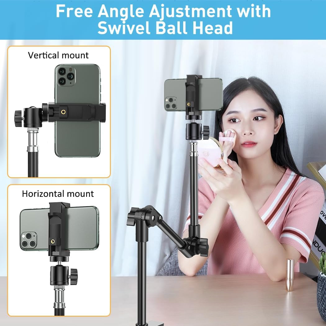 Webcam Stand Camera Mount with Phone Holder, 22 Inch Foldable Flexible Gooseneck Cell Phone Clamp & Table Projector Mount, for Logitech C922 C930E C920S C920 C960 Brio 4K, Gopro Hero 8 7 6 5