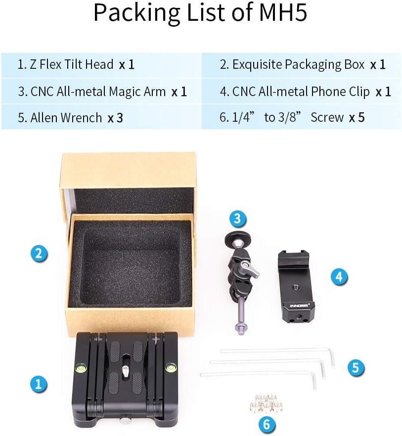 Z-Flex Tilt Tripod Head- MH5 CNC Aluminum Alloy All Metal Flexible Folding Z Pan 360° Horizontal Rotation with 1/4" and 3/8" Screws, Max Load 6.61Lb for Canon Nikon Sony DSRL Camcorder Slider