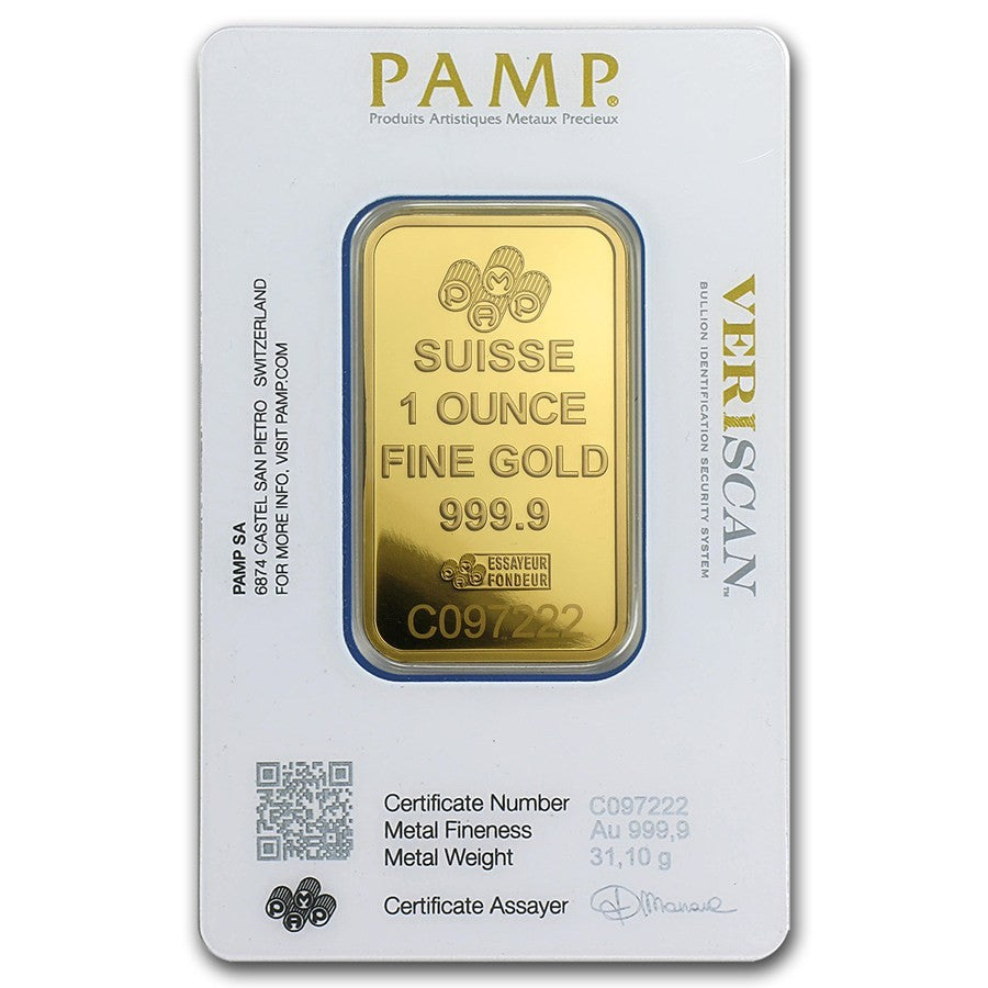 1 Oz Gold Bar PAMP Suisse Lady Fortuna Veriscan (In Assay) .9999 Fine