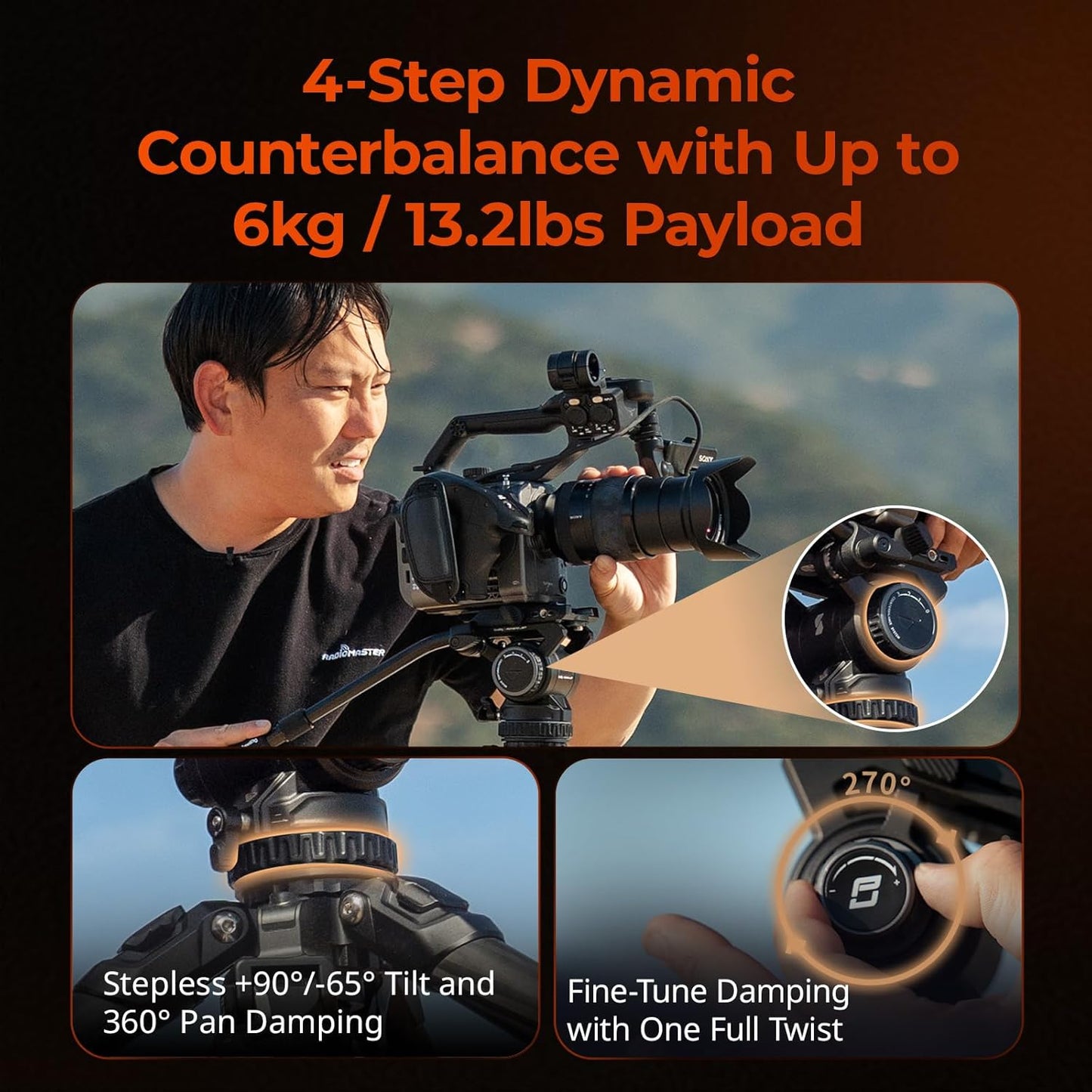 X Potato Jet Tribex Hydraulic Carbon Fiber Tripod, Fast Extend Camera Video Tripod with 4-Step Counterbalance Fluid Head, Step-Less Damping on Pan/Tilt, Load 13.2Lbs for Dslr(Standard Series)