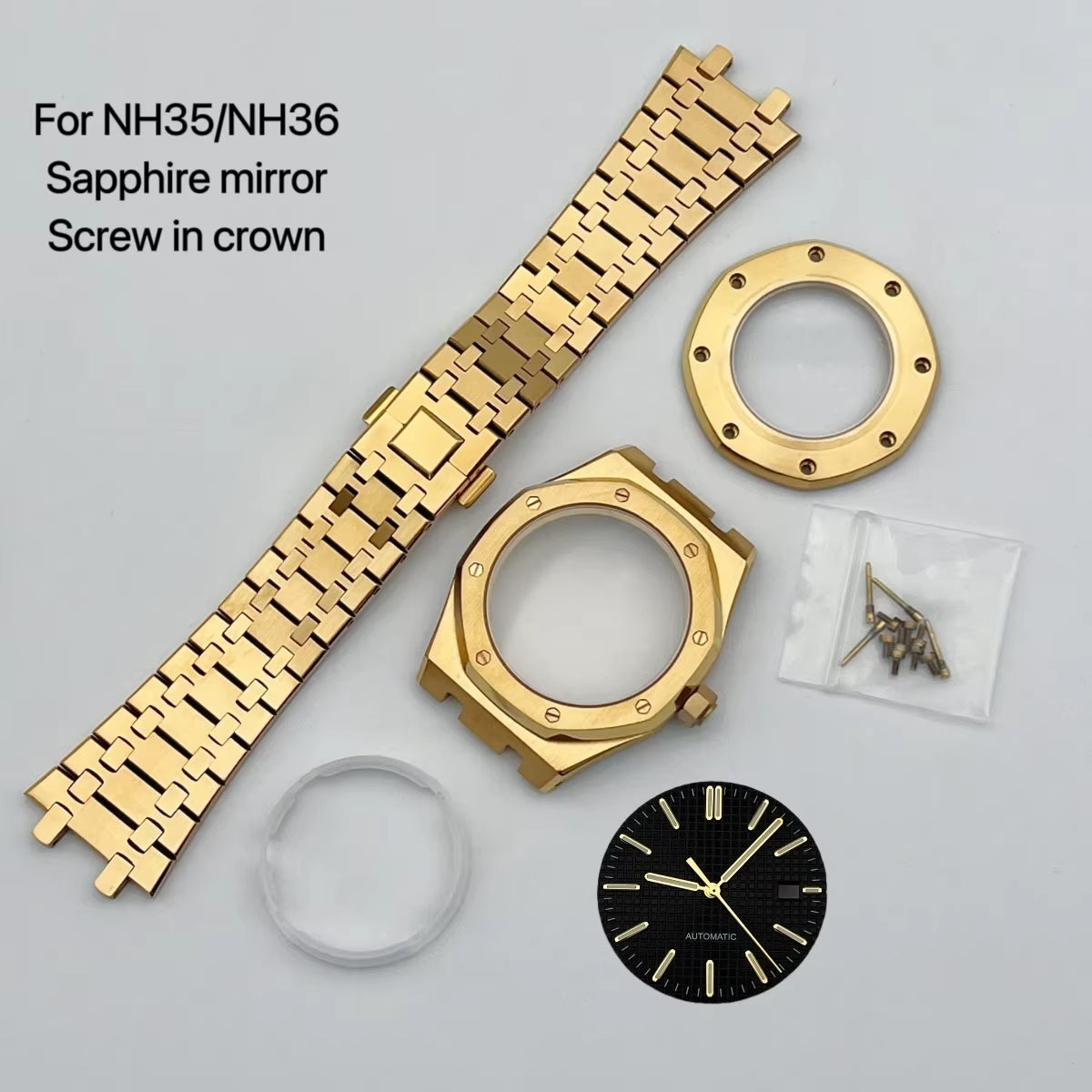 41Mm NH35 Case 31.8Mm Dial Pointers Gold Plated Stainless Steel Strap Bracelet for OAK NH35 Movement Assembly Watch Accessories