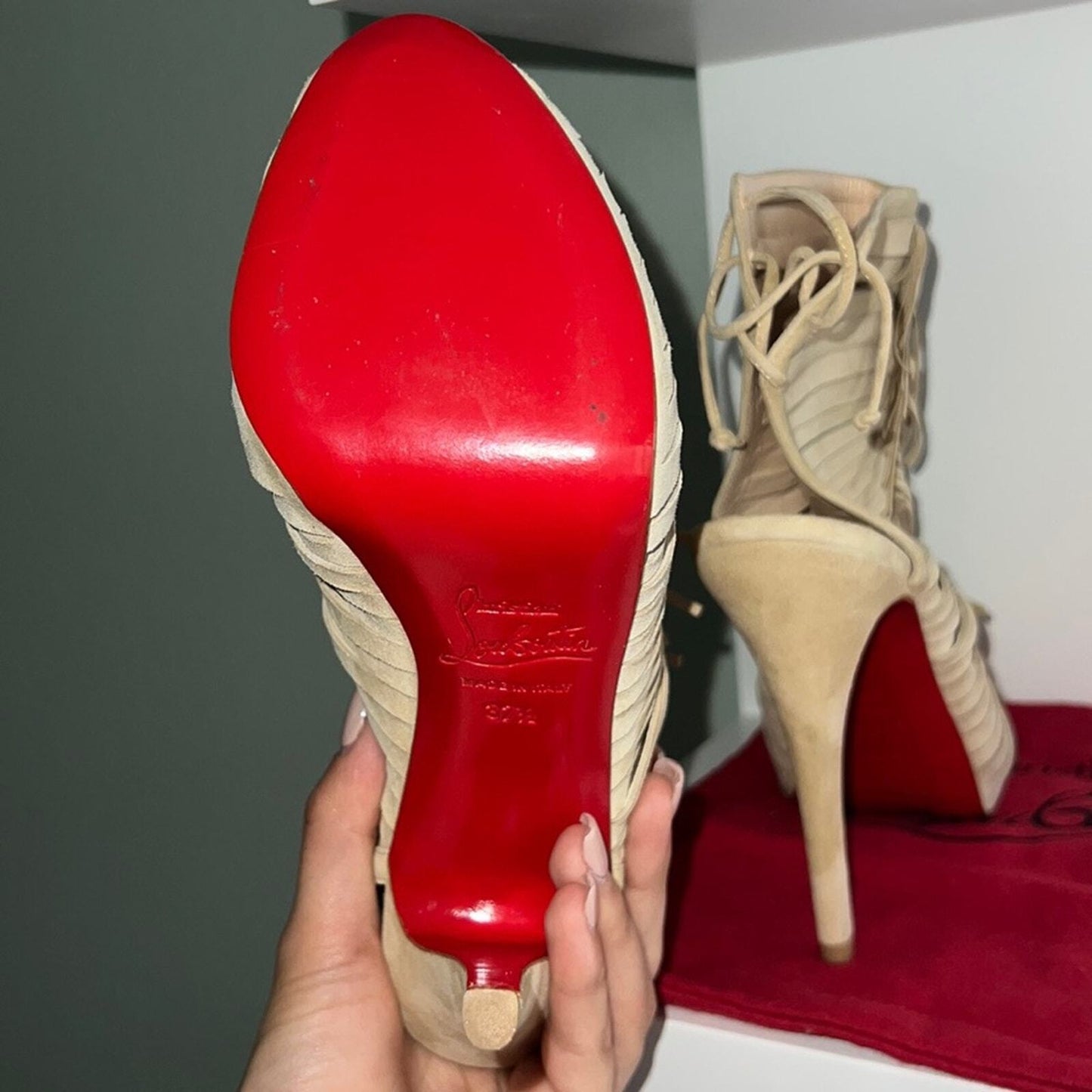 Christian Louboutin Tan Suede Beautiful Fringe Lace-Up Heels, Size 37 1/2. NWOT