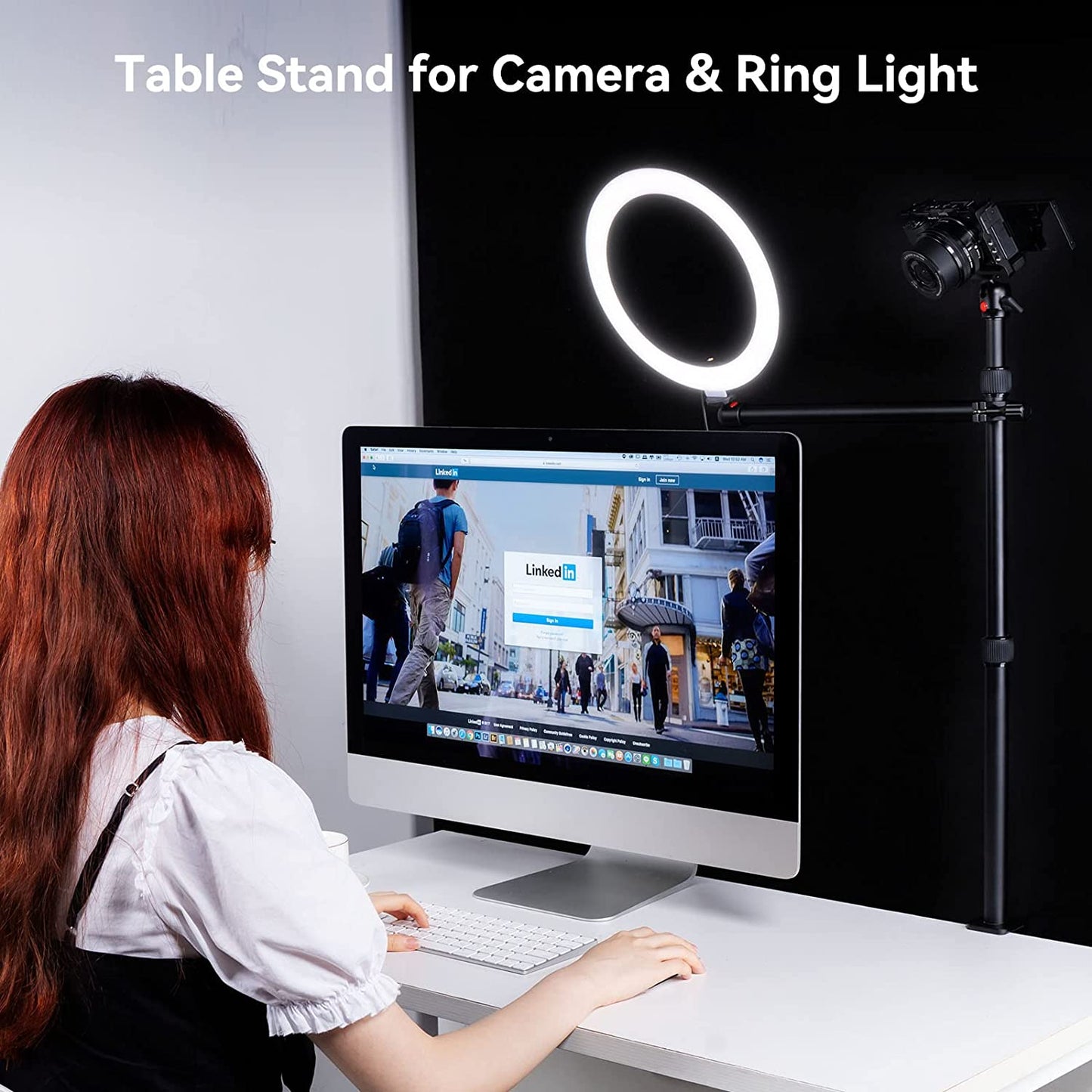 Camera Desk Mount Table Stand with Magic Arm and 1/4" Ball Head, 13"-35.4" Adjustable Light Stand, Tabletop C Clamp for DSLR Camera, Ring Light, Live Streaming, Photo Video Shooting - 3992