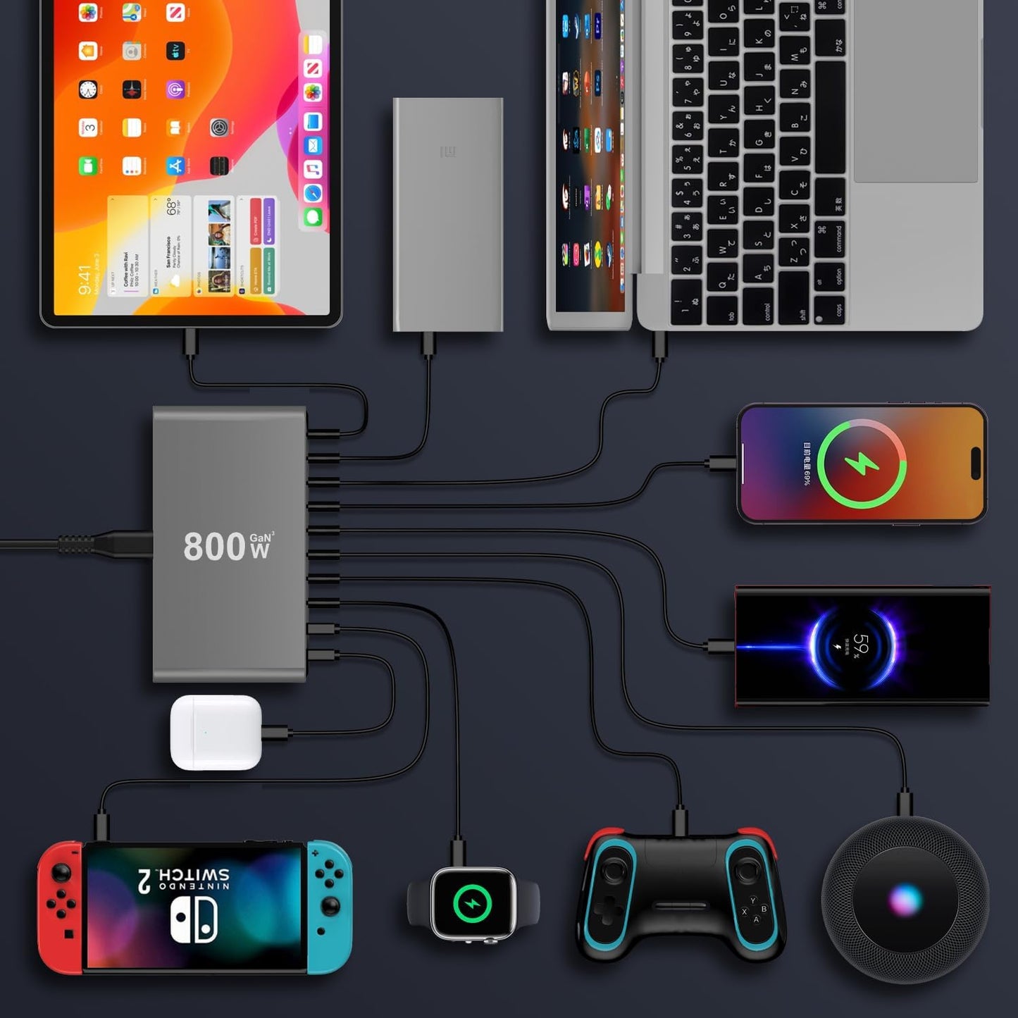 800W Gan III 10-Port USB-C Charging Station - Fast Charger for Laptops, Tablets, Smartphones, and More (Black)