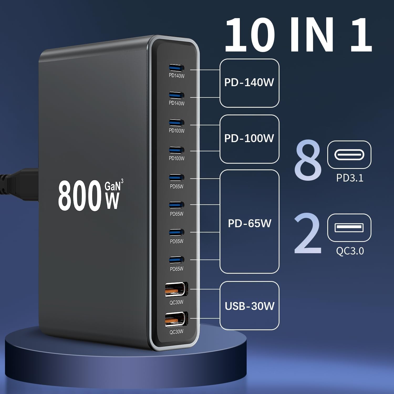 800W Gan III 10-Port USB-C Charging Station - Fast Charger for Laptops, Tablets, Smartphones, and More (Black)