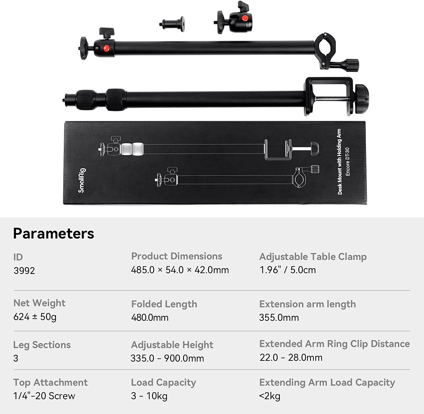 Camera Desk Mount Table Stand with Magic Arm and 1/4" Ball Head, 13"-35.4" Adjustable Light Stand, Tabletop C Clamp for DSLR Camera, Ring Light, Live Streaming, Photo Video Shooting - 3992