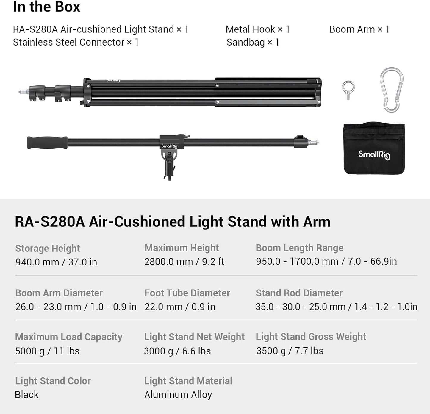 Aluminum Light Stand 110"/9.2Ft/280Cm, Adjustable Photography Air-Cushioned Tripod Stand with 1/4" Screw for Softbox, Studio Light, Flash, Umbrella, Ring Light, Max Load 5Kg, RA-S280A