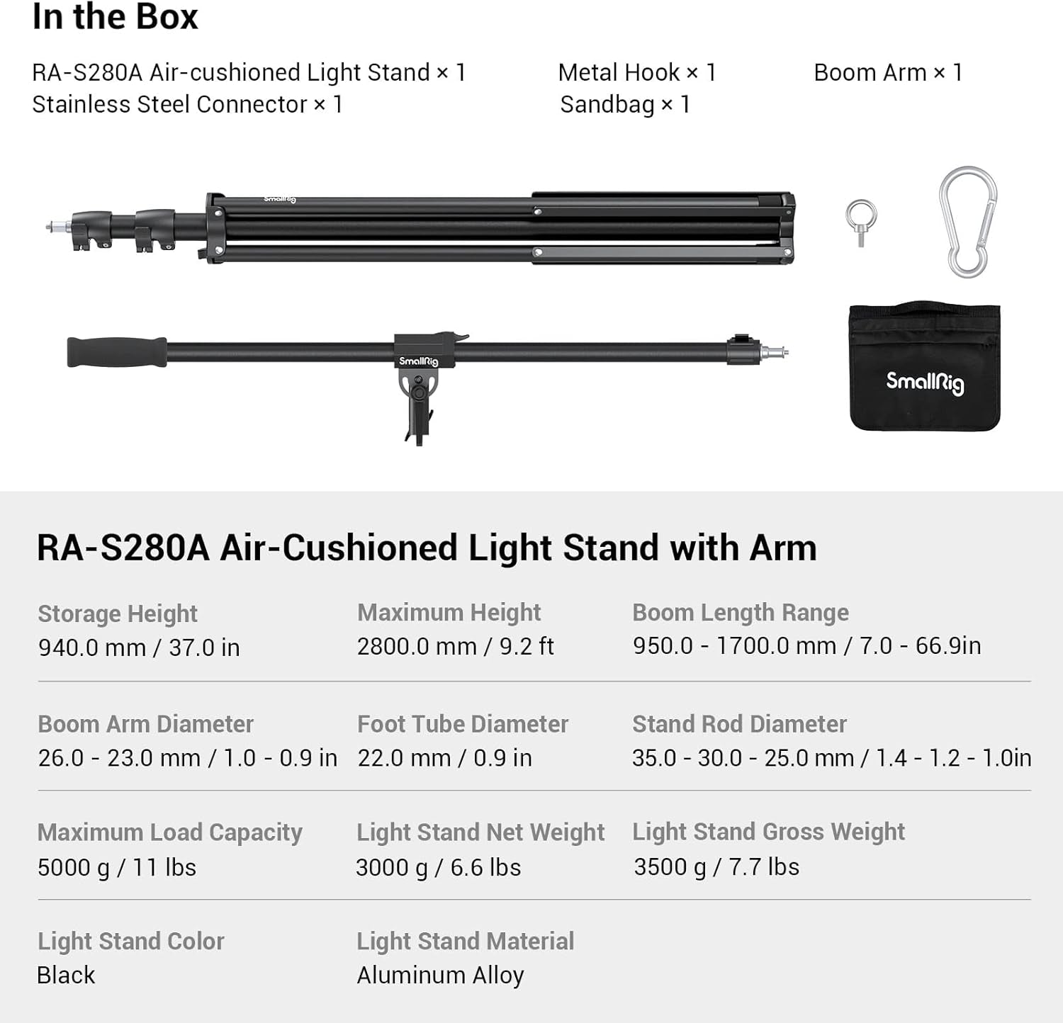 Aluminum Light Stand 110"/9.2Ft/280Cm, Adjustable Photography Air-Cushioned Tripod Stand with 1/4" Screw for Softbox, Studio Light, Flash, Umbrella, Ring Light, Max Load 5Kg, RA-S280A