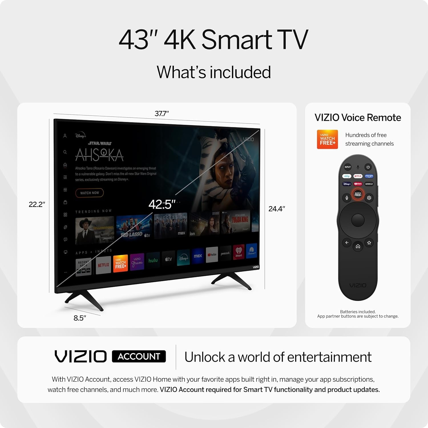 43-Inch 4K UHD LED Smart TV W/Dolby Vision HDR, Wifi 6, Bluetooth Headphone Capable, Apple Airplay, Google Cast Built-In (V4K43M-08, New)
