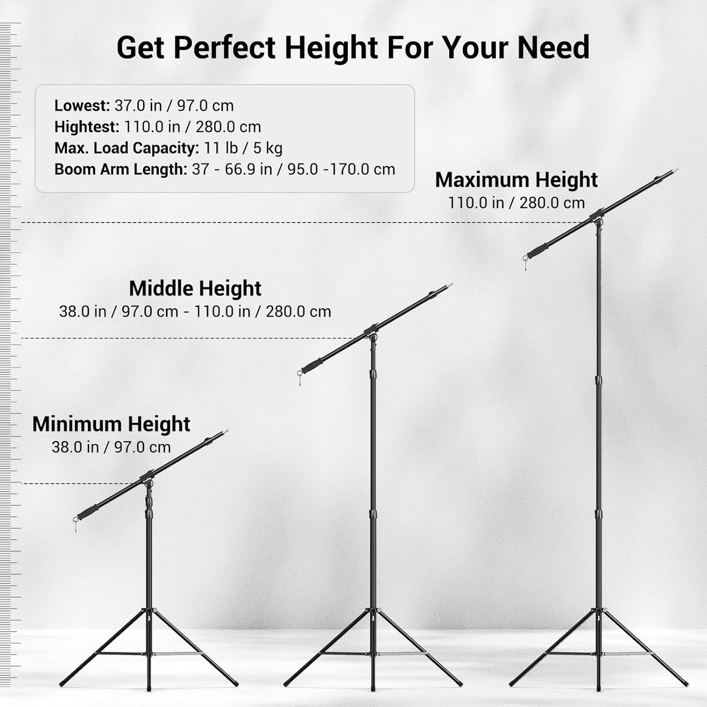 Aluminum Light Stand 110"/9.2Ft/280Cm, Adjustable Photography Air-Cushioned Tripod Stand with 1/4" Screw for Softbox, Studio Light, Flash, Umbrella, Ring Light, Max Load 5Kg, RA-S280A