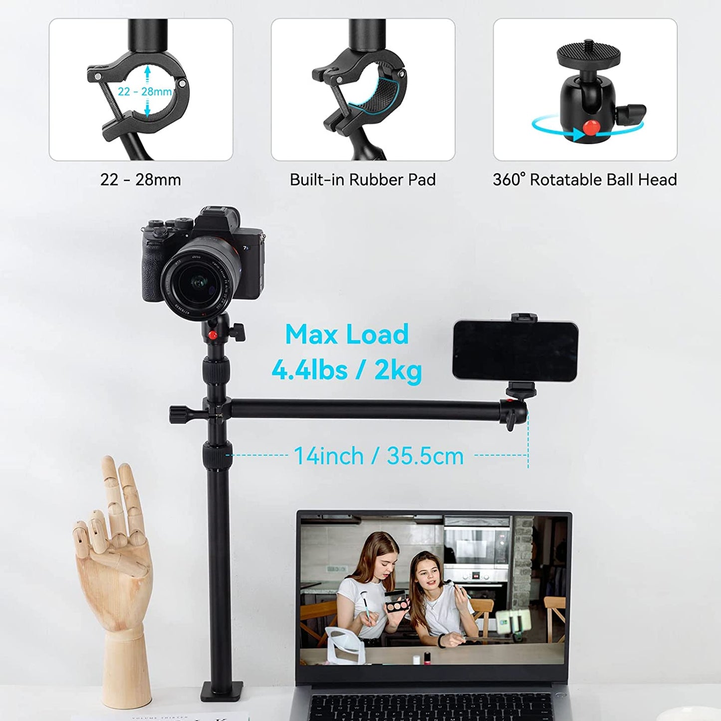 Camera Desk Mount Table Stand with Magic Arm and 1/4" Ball Head, 13"-35.4" Adjustable Light Stand, Tabletop C Clamp for DSLR Camera, Ring Light, Live Streaming, Photo Video Shooting - 3992