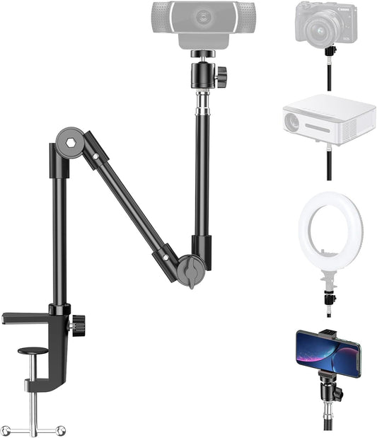 Webcam Stand Camera Mount with Phone Holder, 22 Inch Foldable Flexible Gooseneck Cell Phone Clamp & Table Projector Mount, for Logitech C922 C930E C920S C920 C960 Brio 4K, Gopro Hero 8 7 6 5