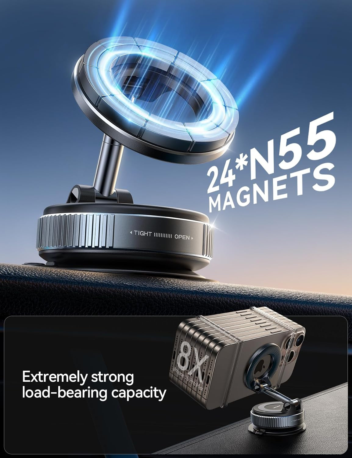 Magsafe Suction Cup Phone Mount, Vacuum Magnetic Phone Holder for Car, 360° Metal Strut Magsafe Car Mount for Iphone 16 Pro Max Plus/Iphone 15 14 13 12 & Android Magsafe Case, Dark Blue