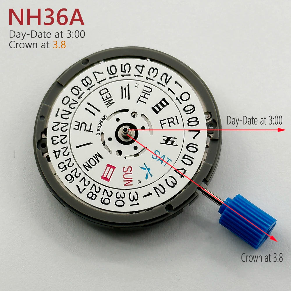 Japan Genuine NH36A Automatic Movement White Day-Date 3:00 Crown at 3.0/3.8 O'Clock 24 Jewels NH36 4R36A Modified Watch Parts