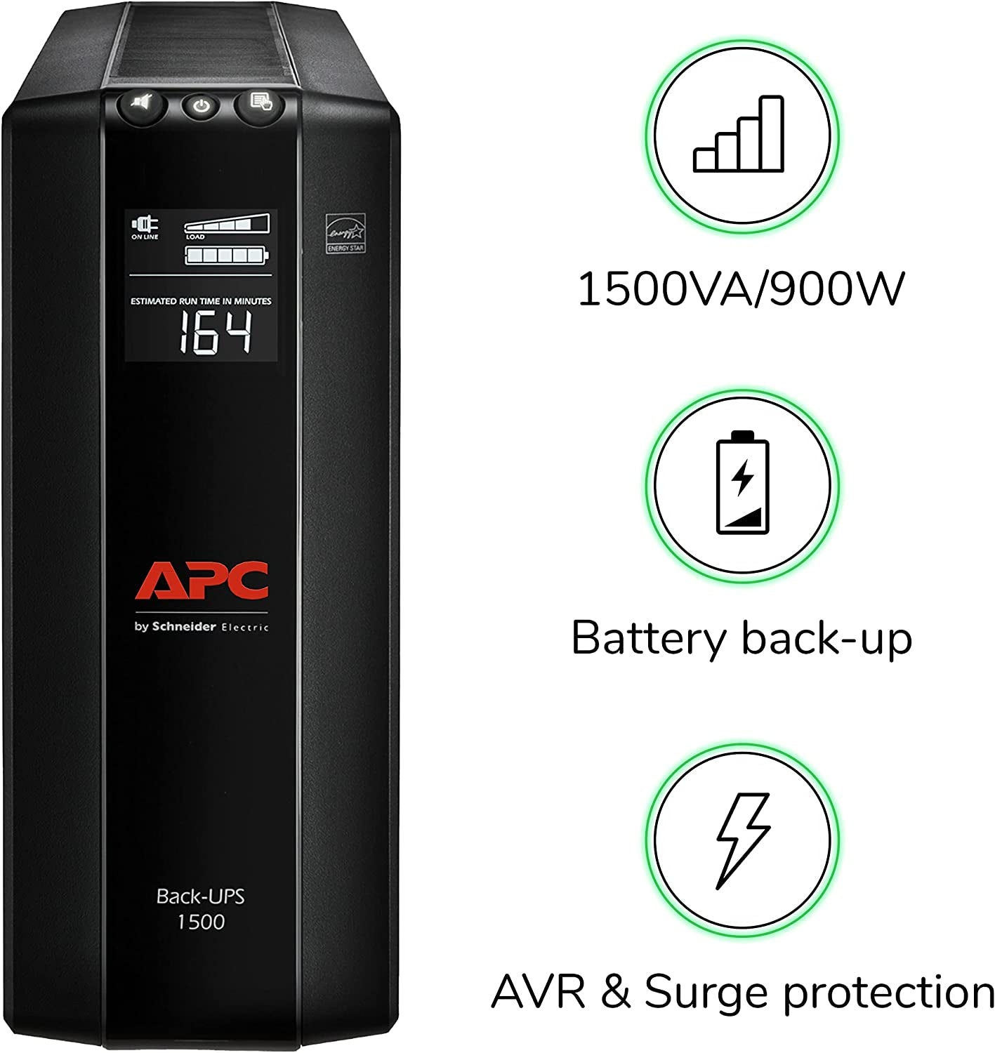 UPS 1500VA UPS Battery Backup and Surge Protector, BX1500M Backup Battery Power Supply, AVR, Dataline Protection