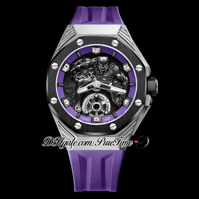 TWF 42 A2965 Hand Winding Mens Watch Tourbillon Titanium Steel Case Ceramic Bezel 3D Black Panther Dial Purple Rubber Strap 2022 Super Edition Watches Pureitme C3