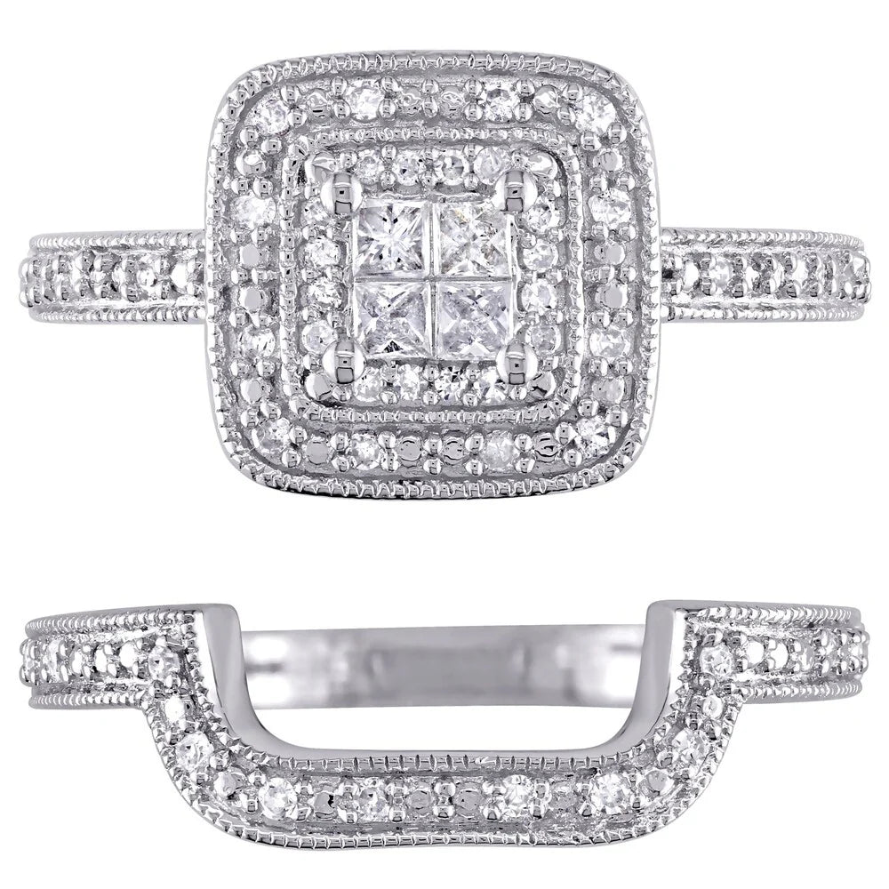 Sterling Silver Princess-Cut Quad 1/3Ct TDW Diamond Double Halo Bridal Ring Set