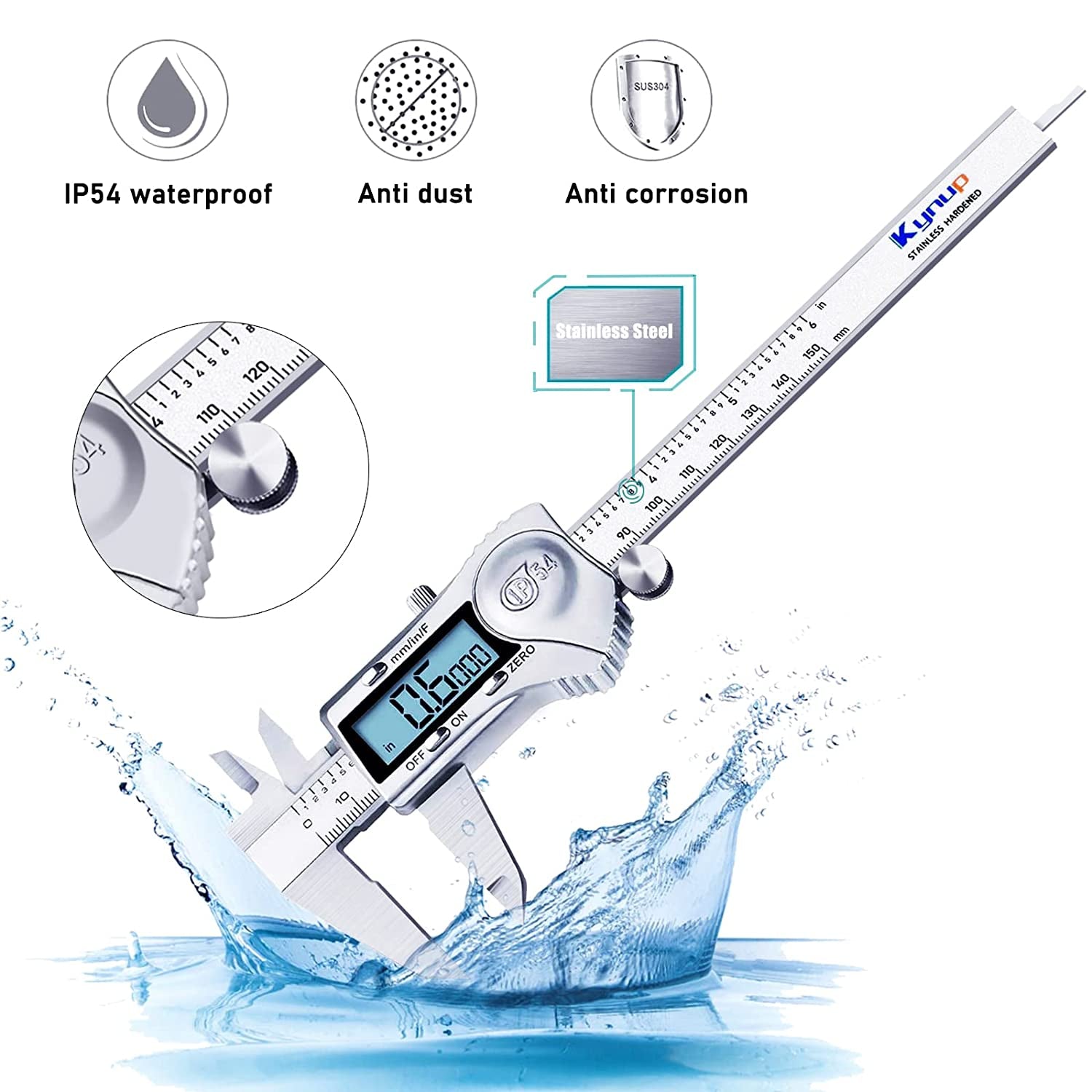 Digital Caliper, Calipers 6 Inch Measuring Tool with Stainless Steel, IP54 Splash Proof Protection Design, Easy Switch from Inch Metric Fraction, Large LCD Screen (150Mm)