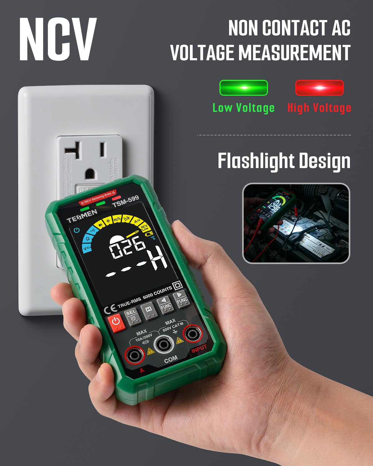 TSM-599 Smart Digital Multimeter, TRMS 6000 Counts, Voltage Tester, Volt Meter with NCV, DC/AC Voltage&Current, Resistance, Continuity, Diode, Capacitance, Hz%, Temperature, Live Wire - Green