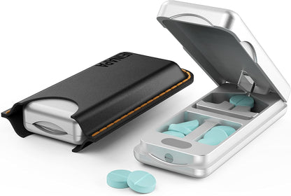 Pill Cutter with Auto Centering Device, Aluminum Pill Splitter with 316L Stainless Blade, Genuine Leather Case, Professional Pill Splitter for Cutting Small Pills or Large Pills (Silver)