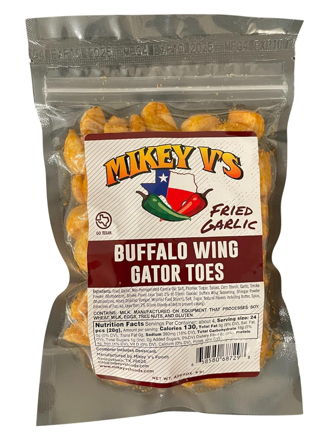 Buffalo Wings "Gator Toes", Deep Fried Garlic Snacks, 4Oz. Buffalo Wing Seasoning Fried Garlic.
