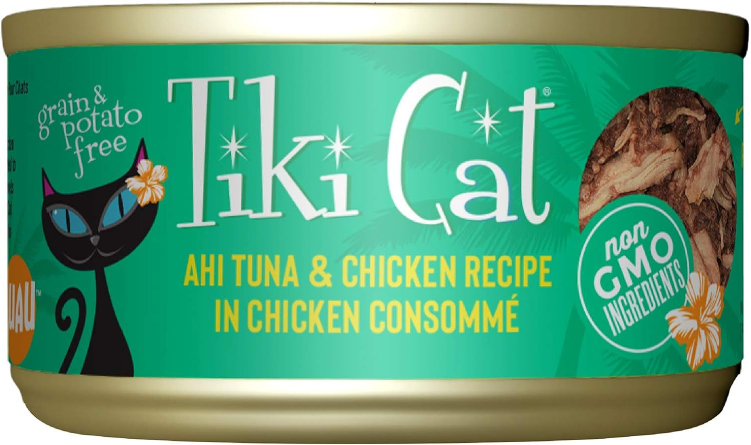 Tiki Cat Luau Shredded Meat, Ahi Tuna & Chicken Recipe in Chicken Consumme, Grain-Free Balanced Nutrition Wet Canned Cat Food, for All Life Stages, 2.8 Oz. Cans (Pack of 12)