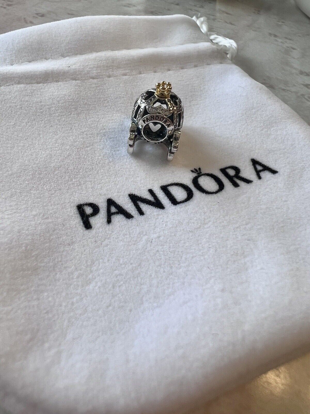 Authentic PANDORA Silver Cinderella Sparkling Carriage🎃 Charm💗 Flannelette Bag